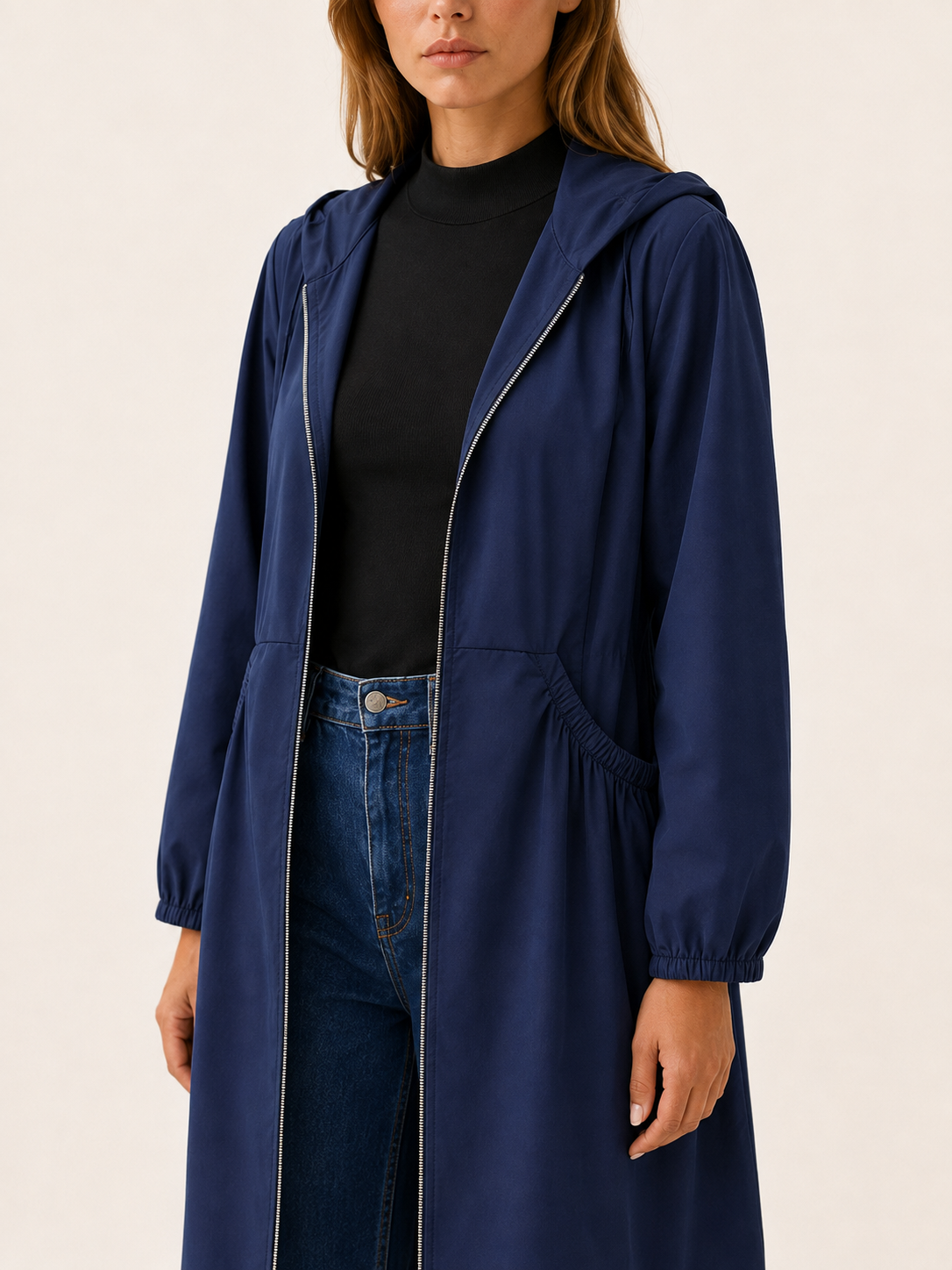 Vaunelle | Women's Hooded Gathered Waist Longline Coat
