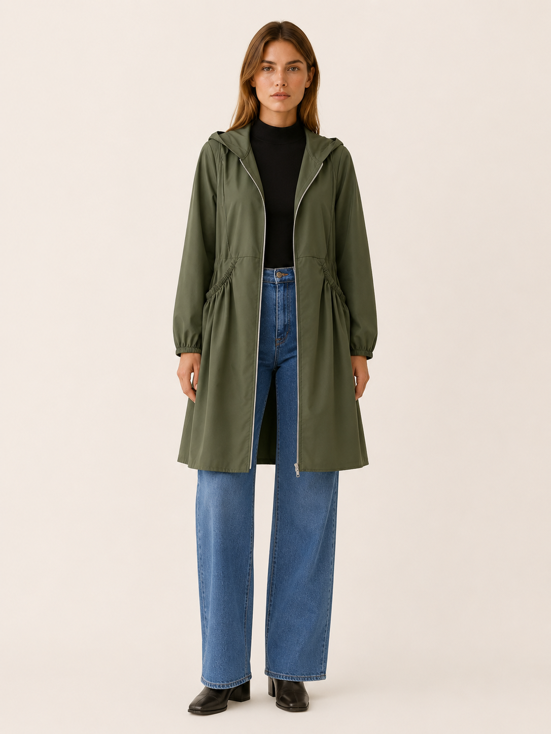 Vaunelle | Women's Hooded Gathered Waist Longline Coat