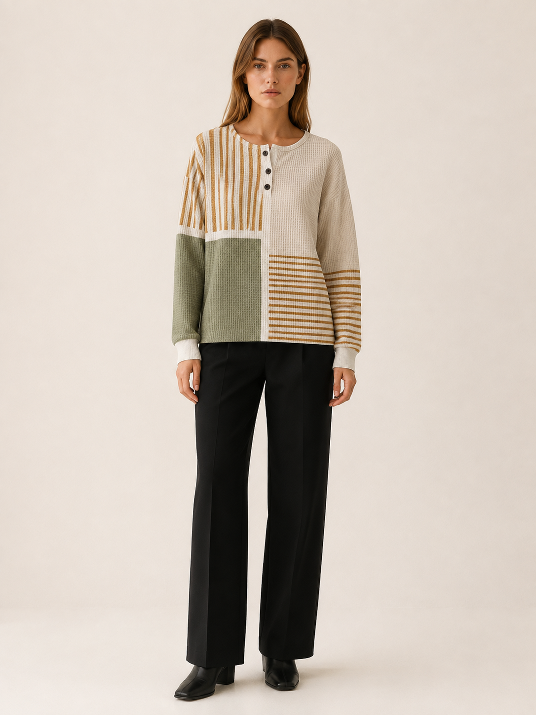 Velissea | Women's Striped Panel Button Neck Jumper