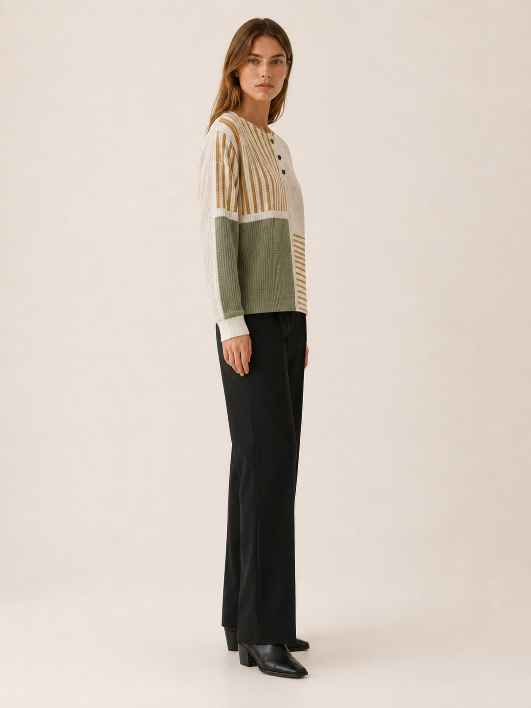 Velissea | Women's Striped Panel Button Neck Jumper