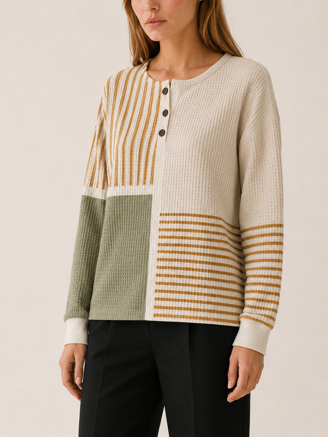 Velissea | Women's Striped Panel Button Neck Jumper