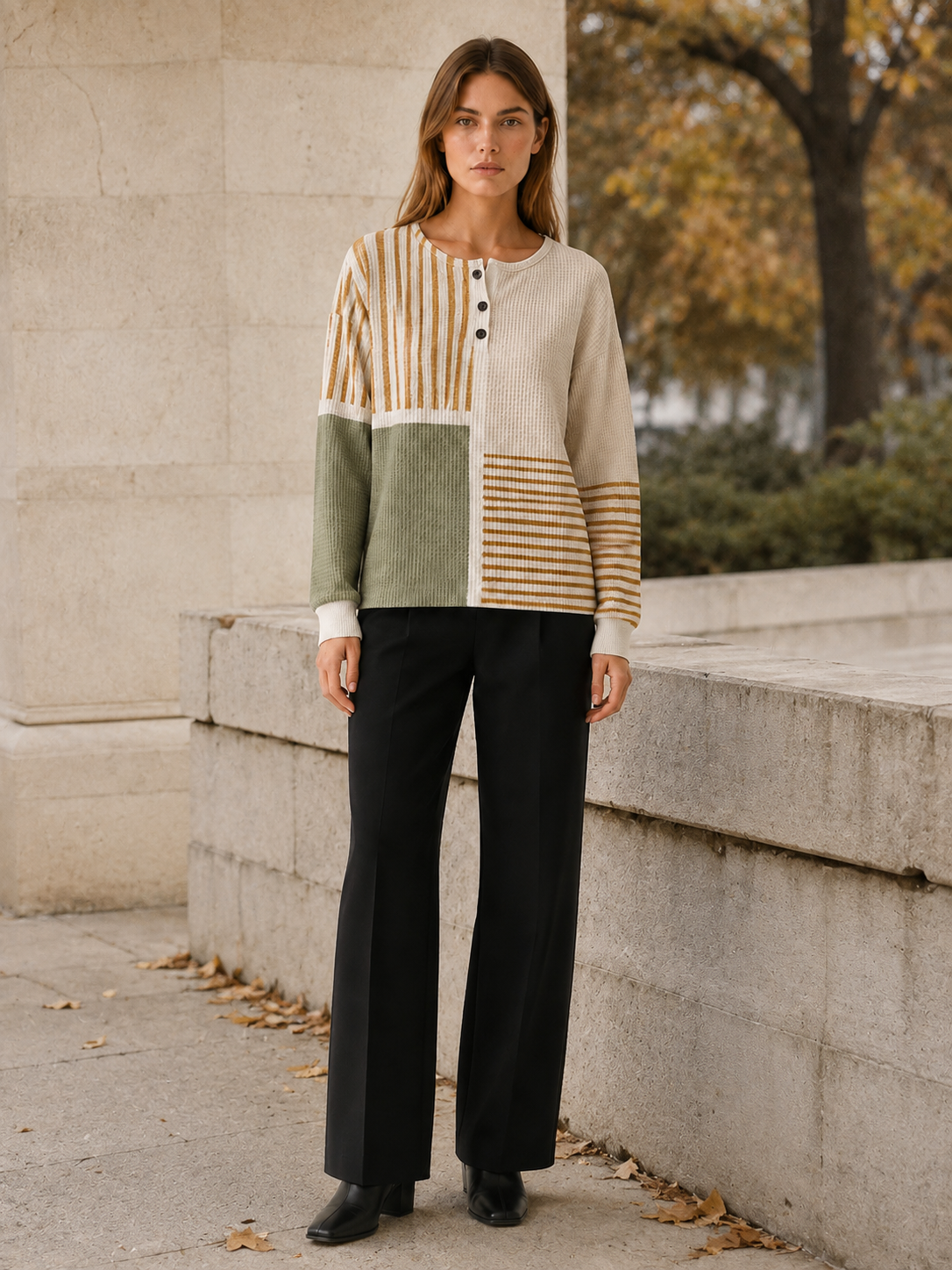 Velissea | Women's Striped Panel Button Neck Jumper