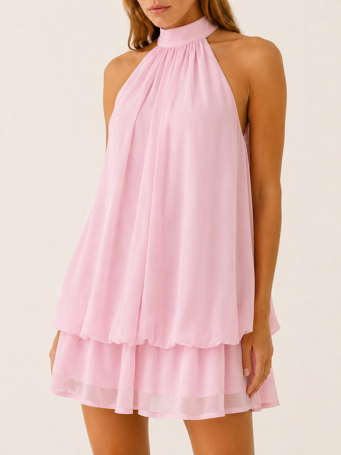 Vellia | Halter Mini Dress with Tie Back Ruffle Hem