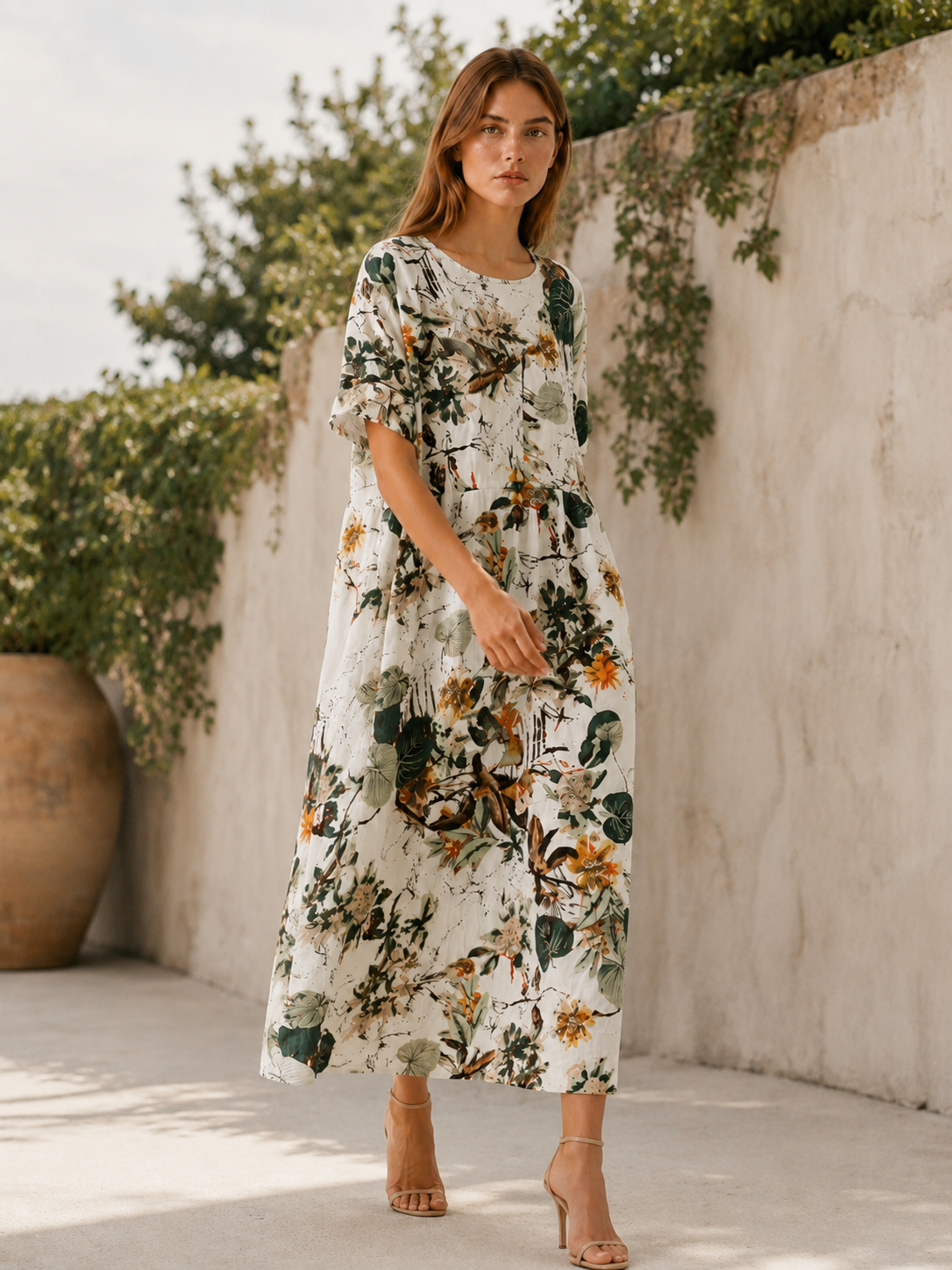 Veloria | Linen Maxi Dress with Botanical Print