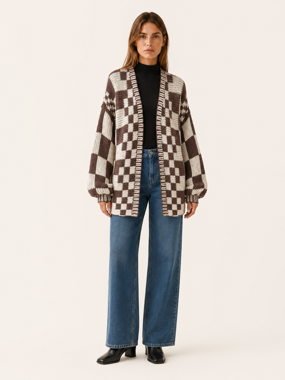 Velyndis | Cardigan with Checkerboard Pattern and Balloon Sleeves