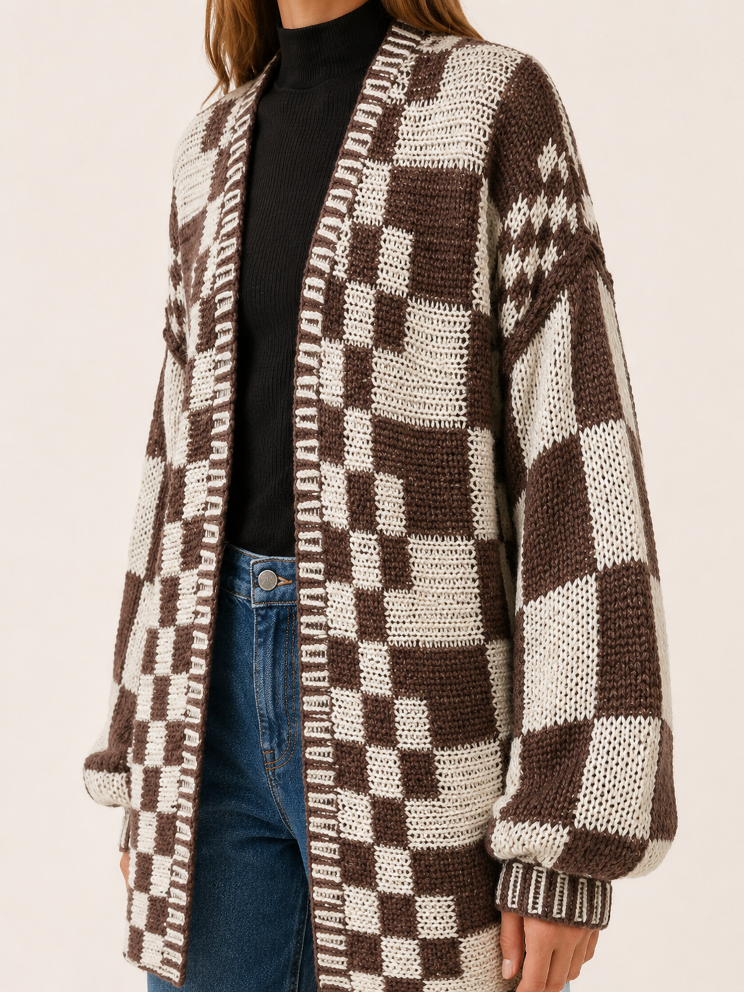 Velyndis | Cardigan with Checkerboard Pattern and Balloon Sleeves