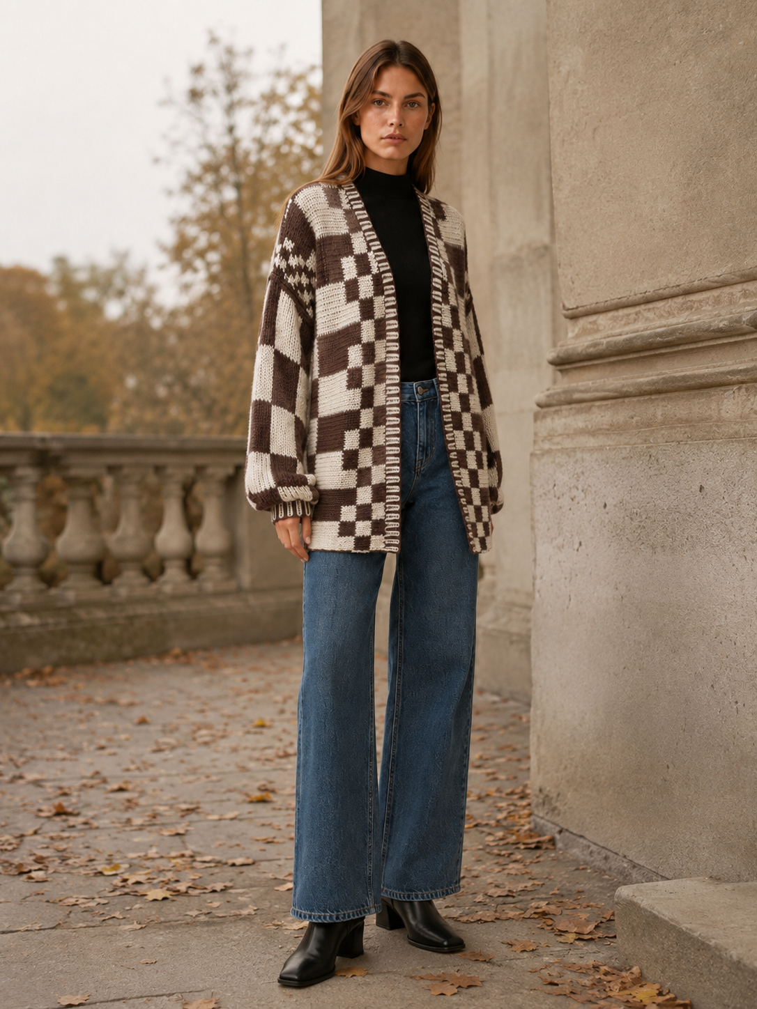 Velyndis | Cardigan with Checkerboard Pattern and Balloon Sleeves