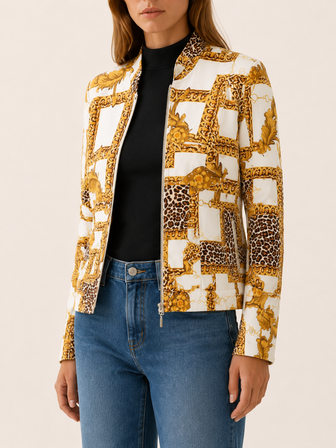 Vesna | Checked Bomber Jacket with Zip Front and Tailored Fit
