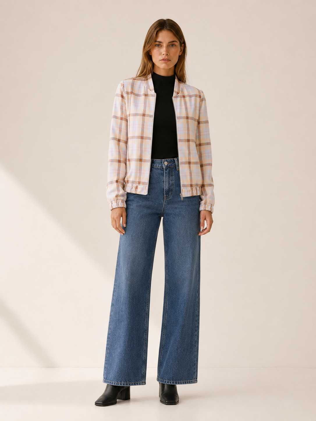 Vesna | Checked Bomber Jacket with Zip Front and Tailored Fit