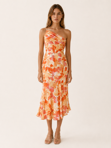 Vespera | Floral Midi Dress with One Shoulder Cut