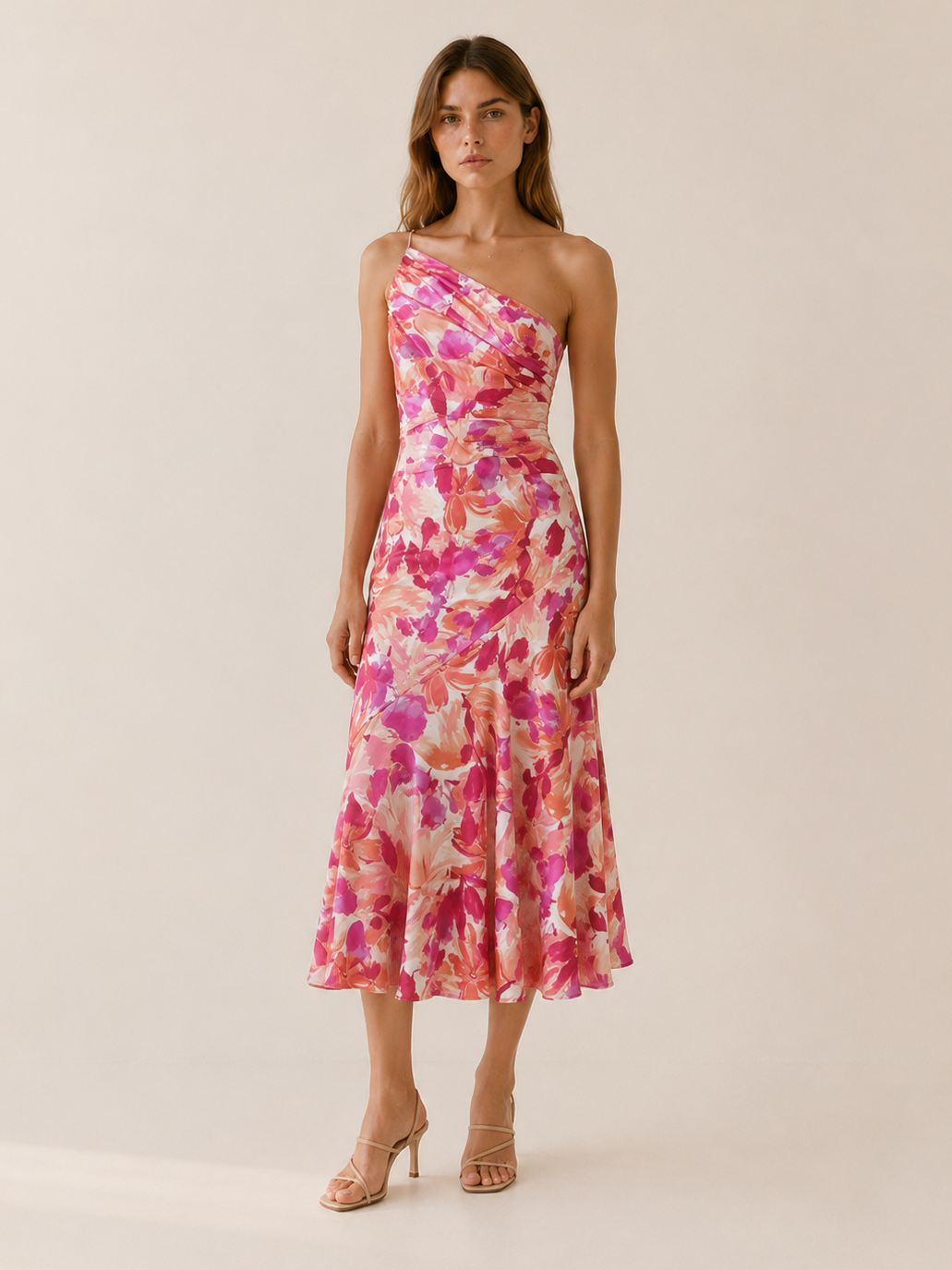 Vespera | Floral Midi Dress with One Shoulder Cut