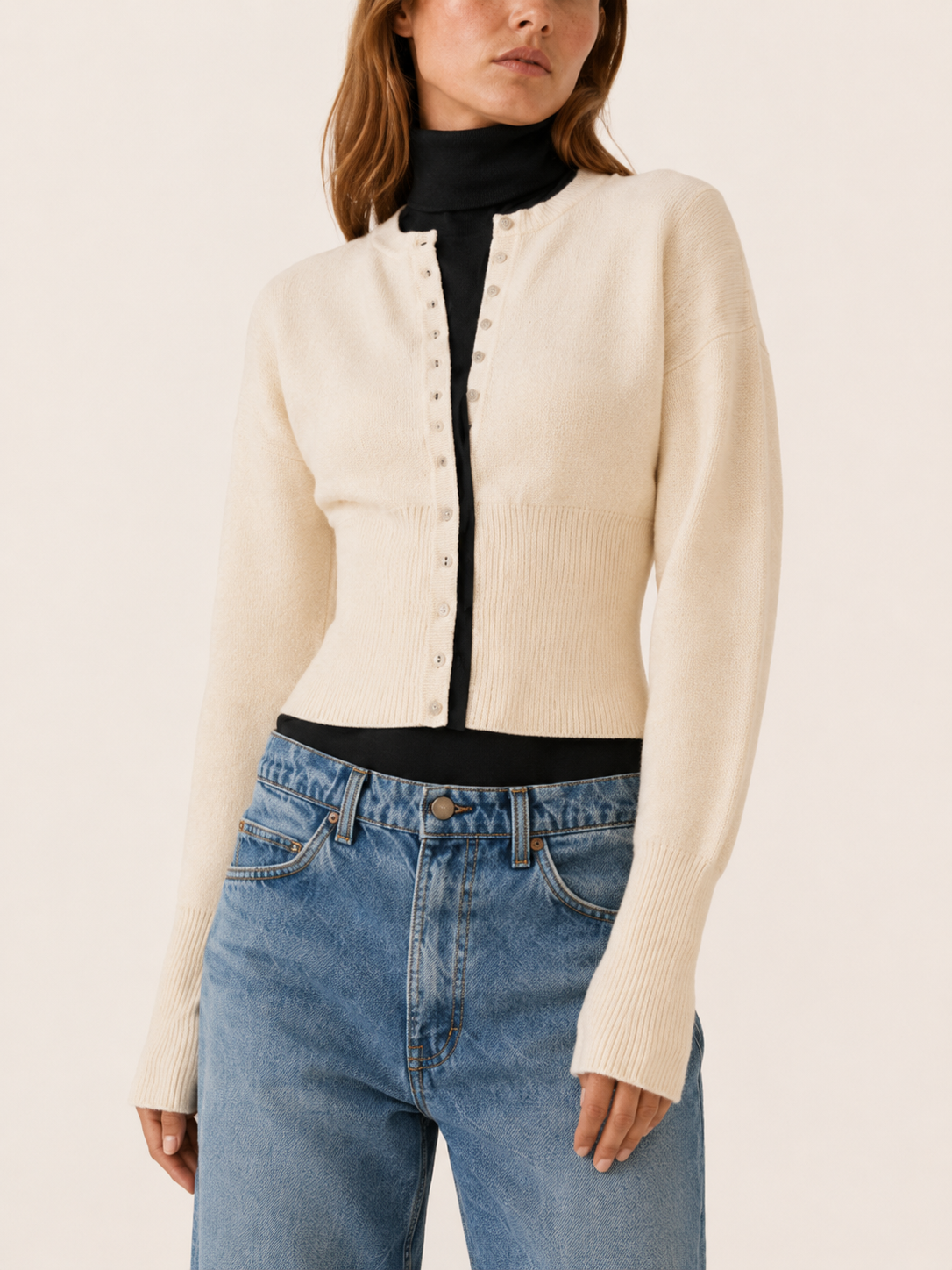 Virelora | Cropped Cardigan with Button Front Ribbed Waist