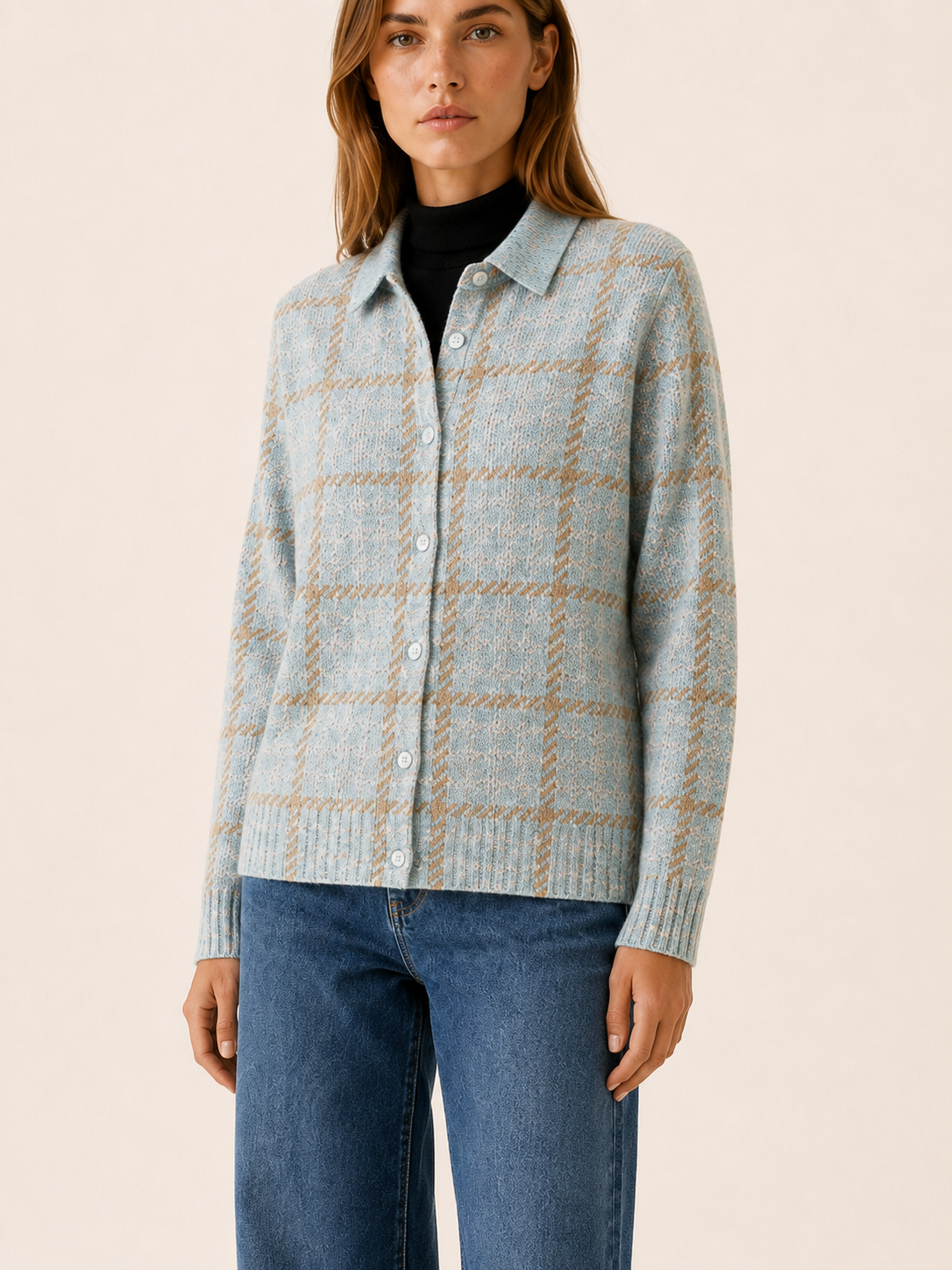 Virelza | Women's Check Collar Knitted Cardigan