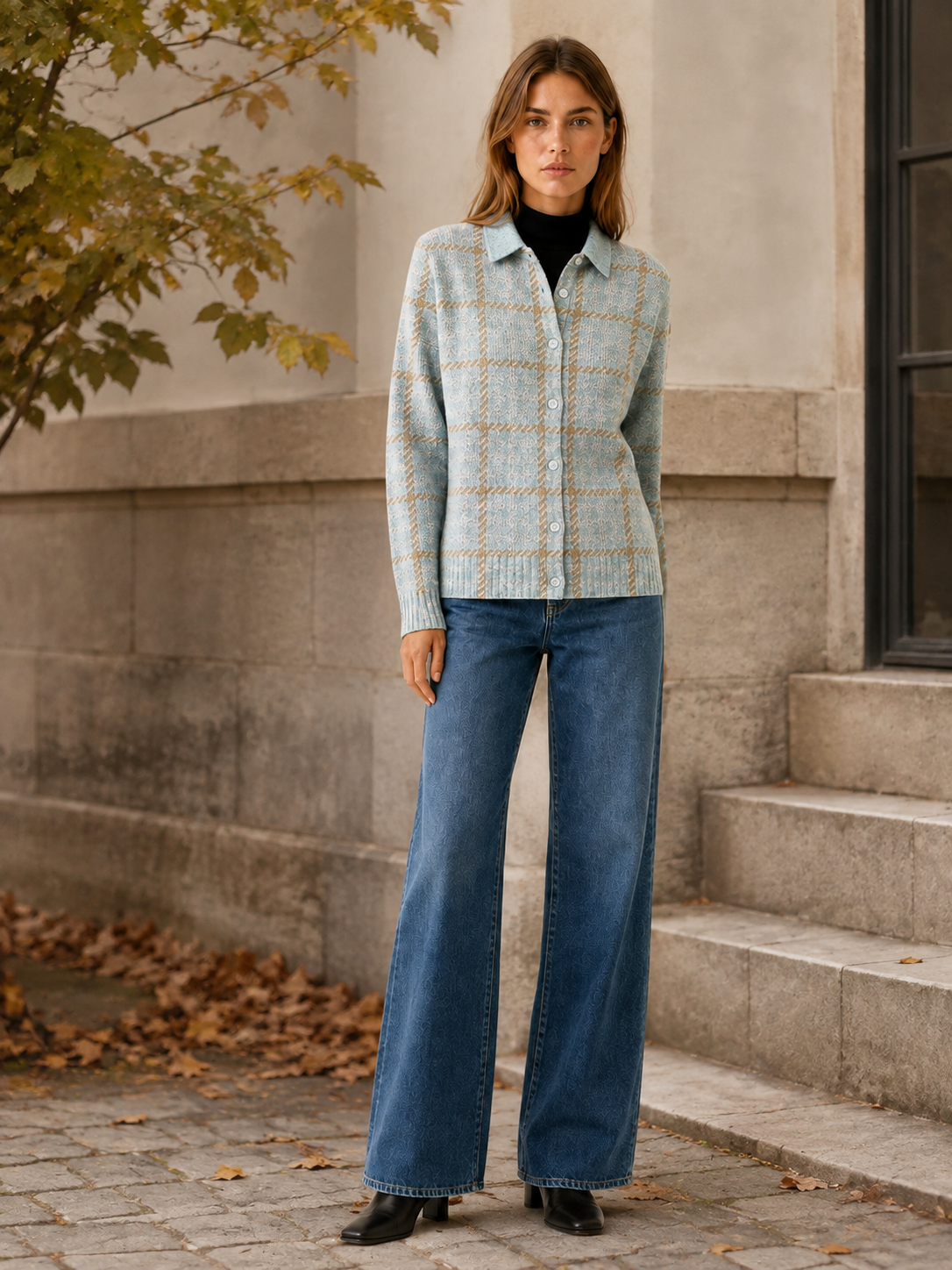 Virelza | Women's Check Collar Knitted Cardigan