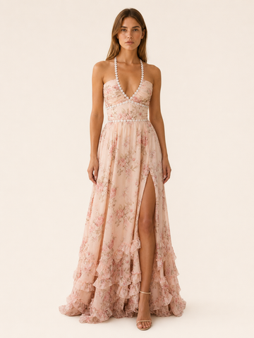 Winslow | Halter Maxi Dress with Beaded Neckline Ruffle Skirt