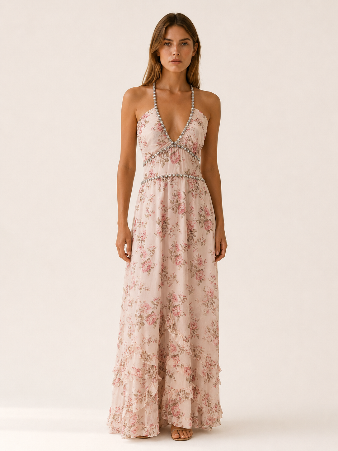 Winslow | Halter Maxi Dress with Beaded Neckline Ruffle Skirt