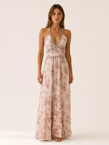 Winslow | Halter Maxi Dress with Beaded Neckline Ruffle Skirt