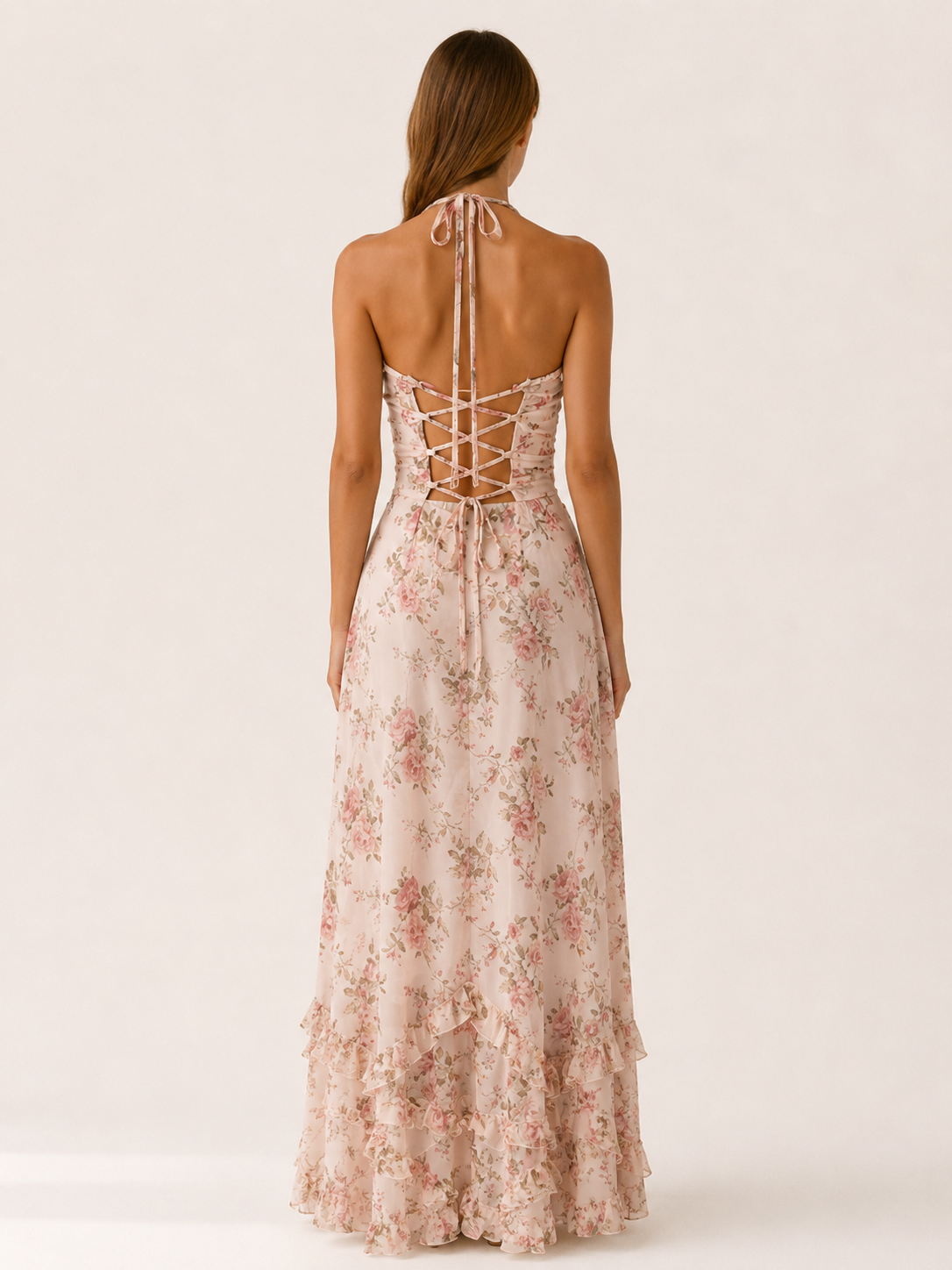 Winslow | Halter Maxi Dress with Beaded Neckline Ruffle Skirt