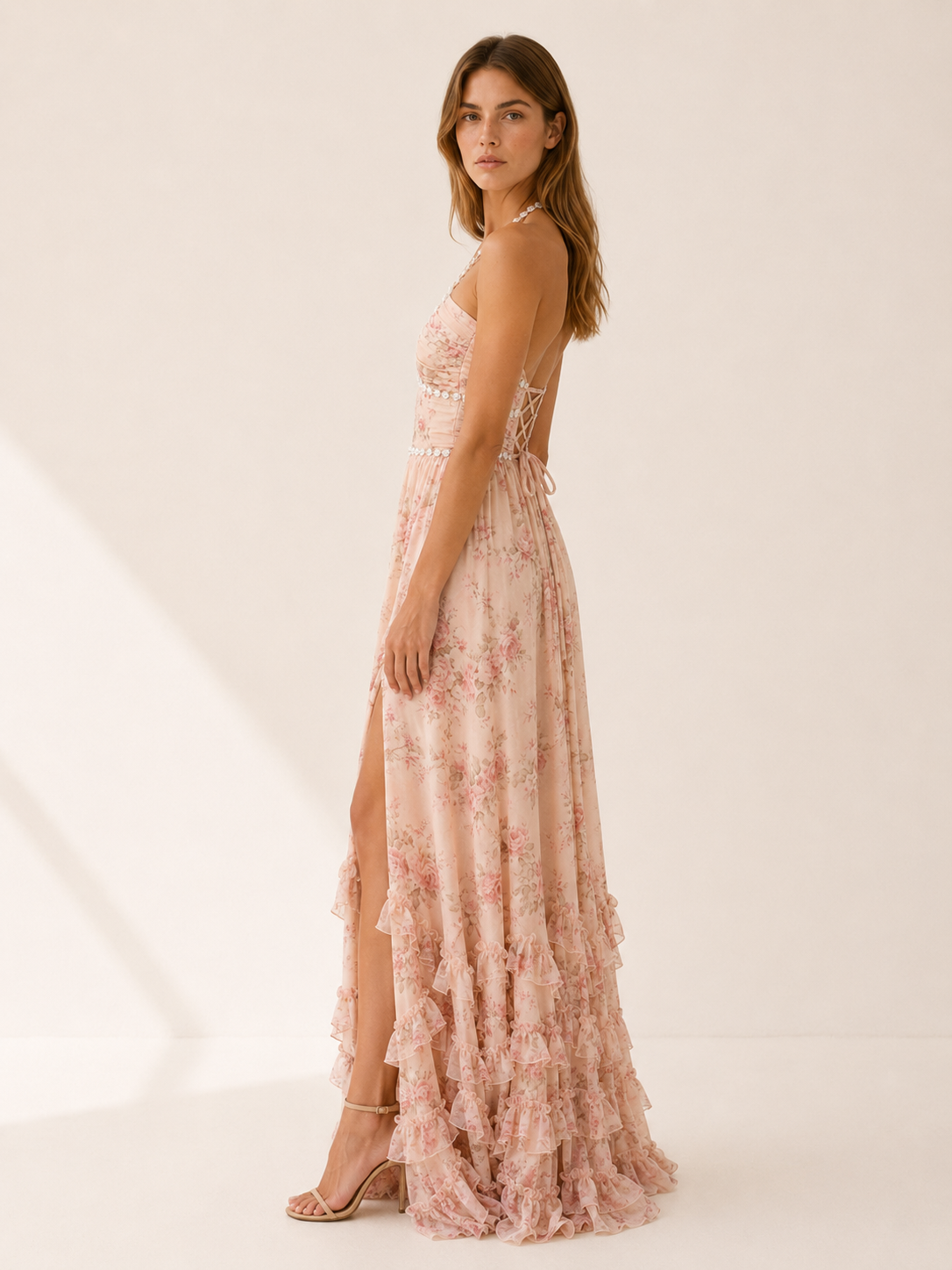 Winslow | Halter Maxi Dress with Beaded Neckline Ruffle Skirt