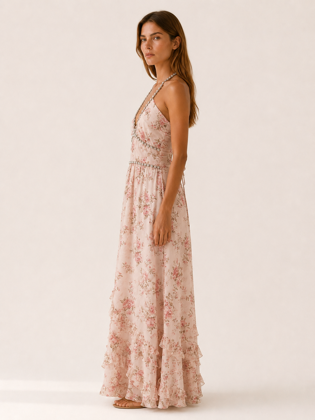 Winslow | Halter Maxi Dress with Beaded Neckline Ruffle Skirt