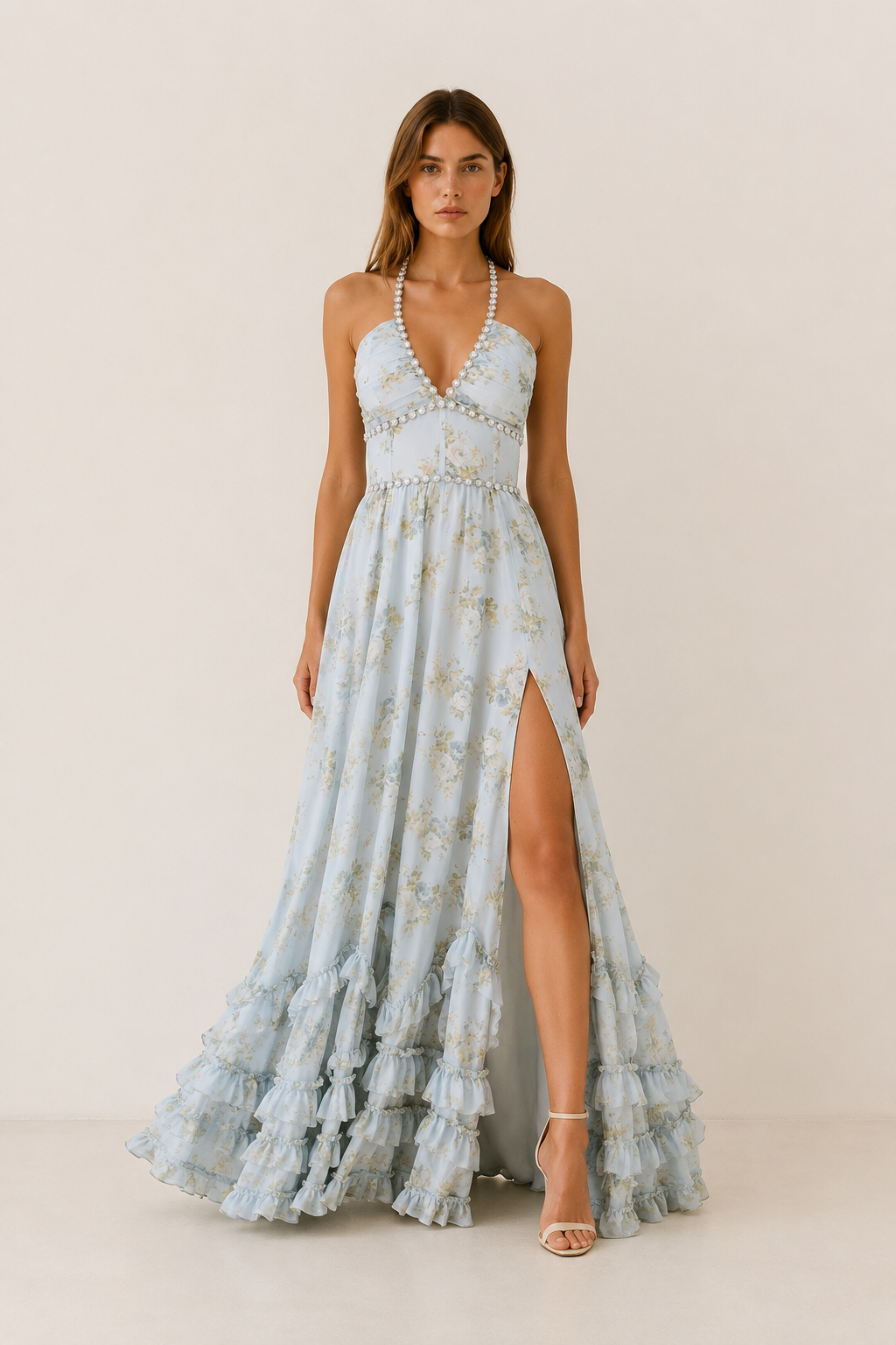 Winslow | Halter Maxi Dress with Beaded Neckline Ruffle Skirt