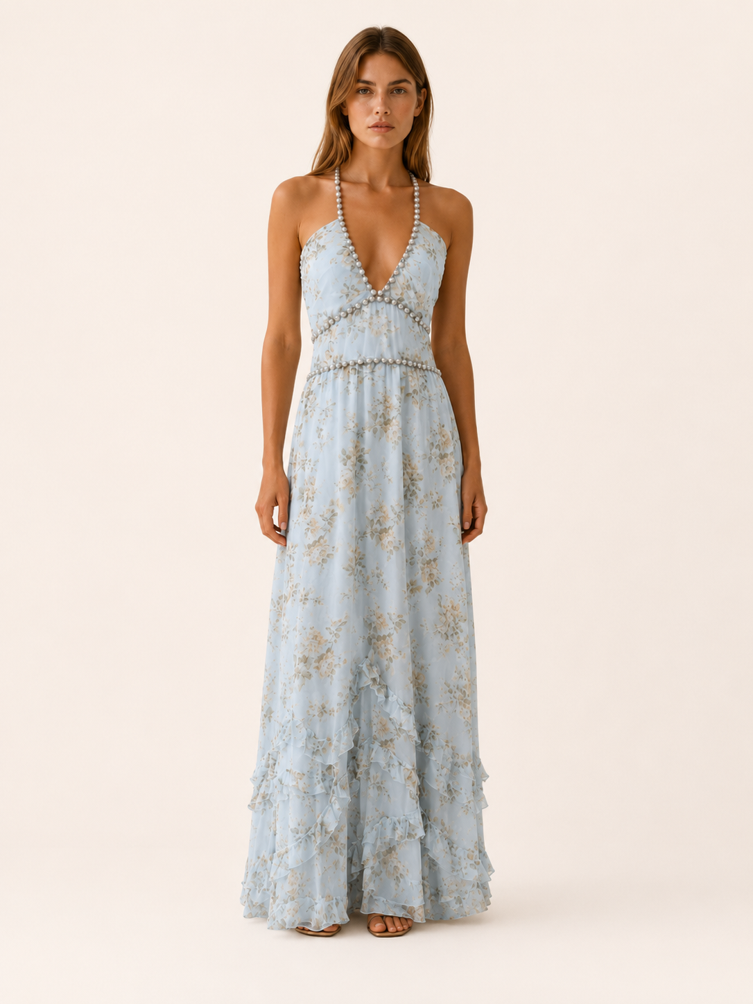 Winslow | Halter Maxi Dress with Beaded Neckline Ruffle Skirt