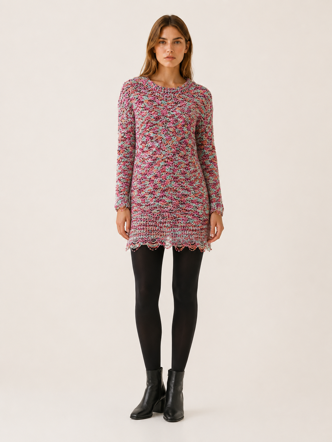 Xanthe | Jumper Dress with Multicolour Detail and Distressed Hem