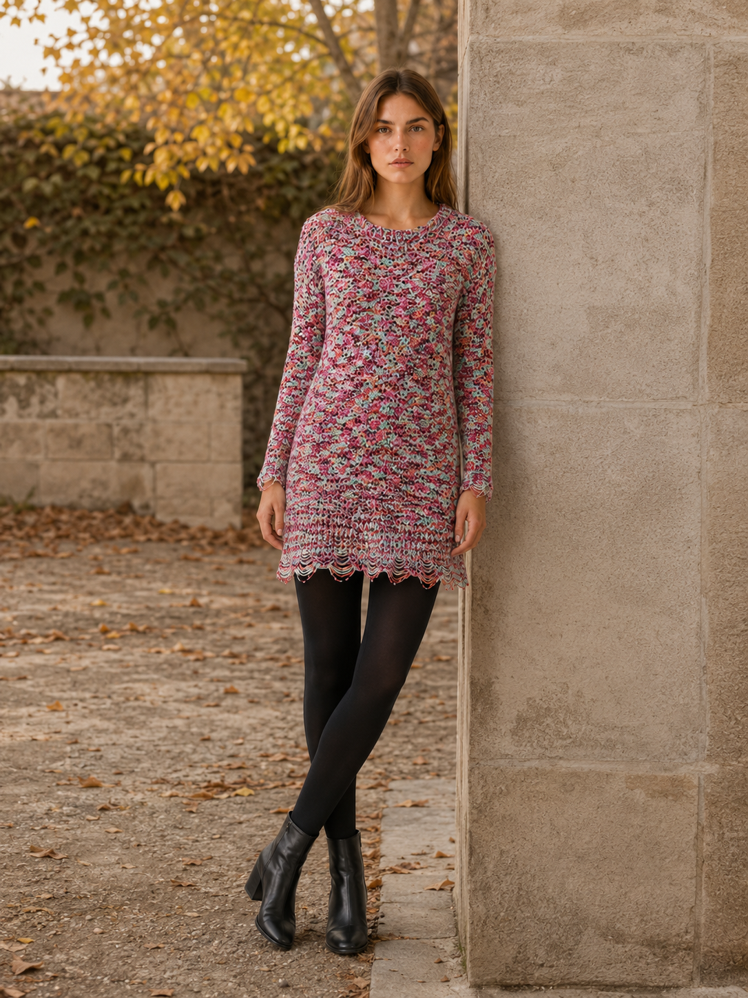 Xanthe | Jumper Dress with Multicolour Detail and Distressed Hem