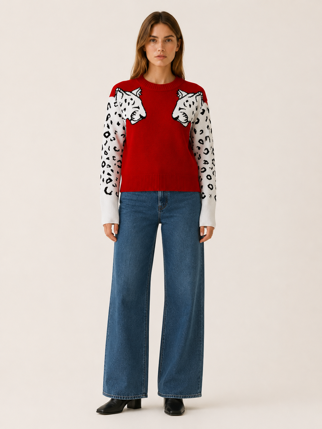 Yseloria | Knit Sweater with Leopard Motif and Round Neck