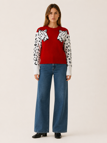 Yseloria | Knit Sweater with Leopard Motif and Round Neck