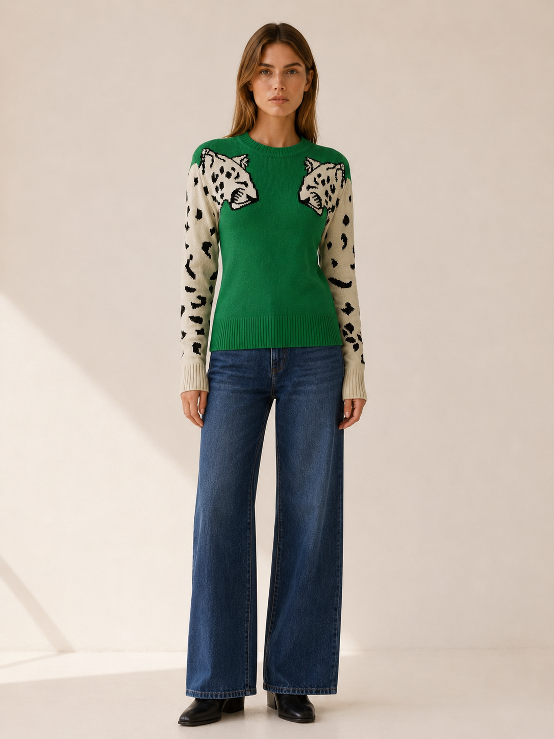 Yseloria | Knit Sweater with Leopard Motif and Round Neck