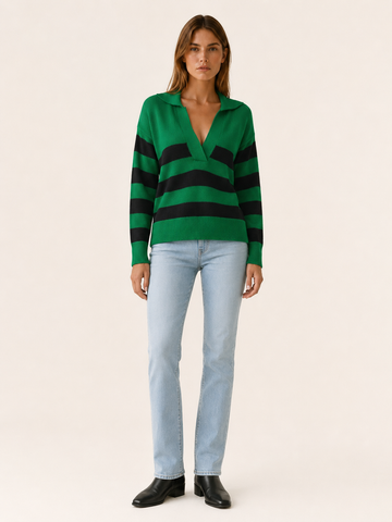 Ysolara | Striped Jumper with Open Collar and Long Sleeves