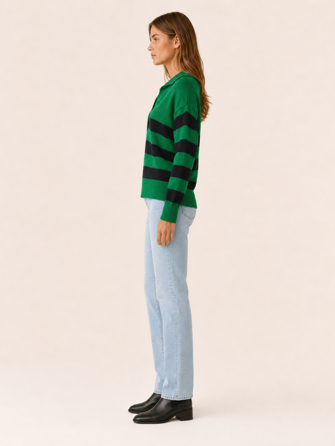 Ysolara | Striped Jumper with Open Collar and Long Sleeves