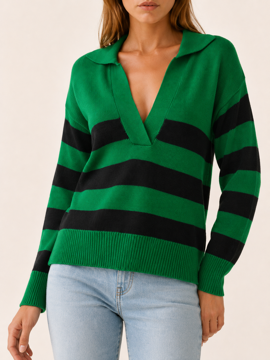 Ysolara | Striped Jumper with Open Collar and Long Sleeves