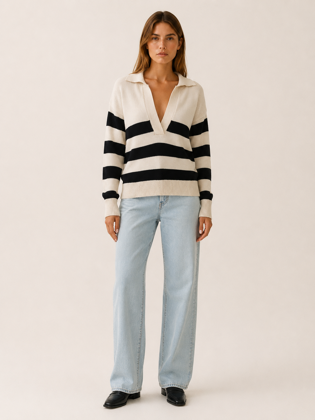 Ysolara | Striped Jumper with Open Collar and Long Sleeves