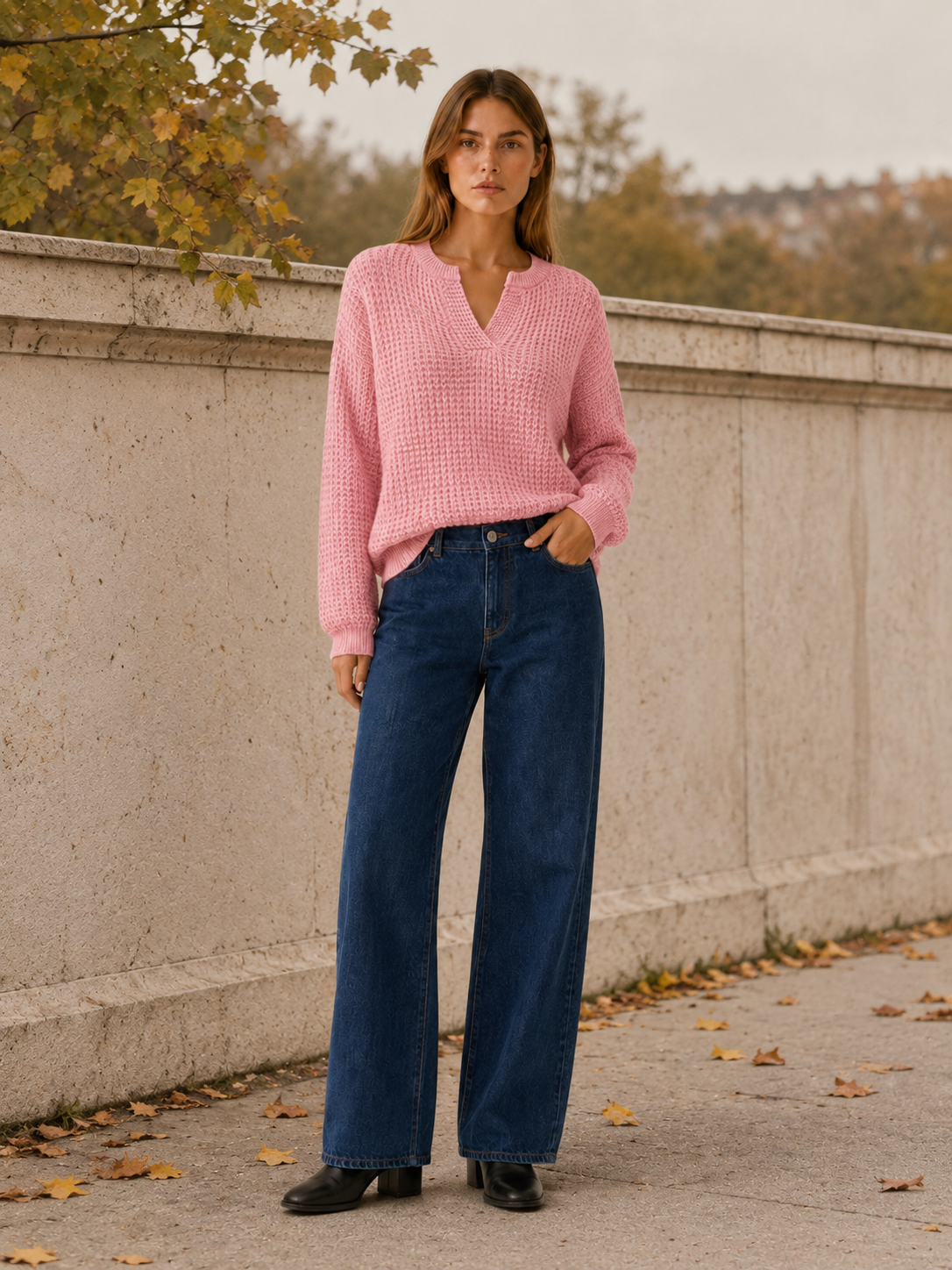 Ysoria | V-Neck Jumper with Notched Neckline and Relaxed Fit