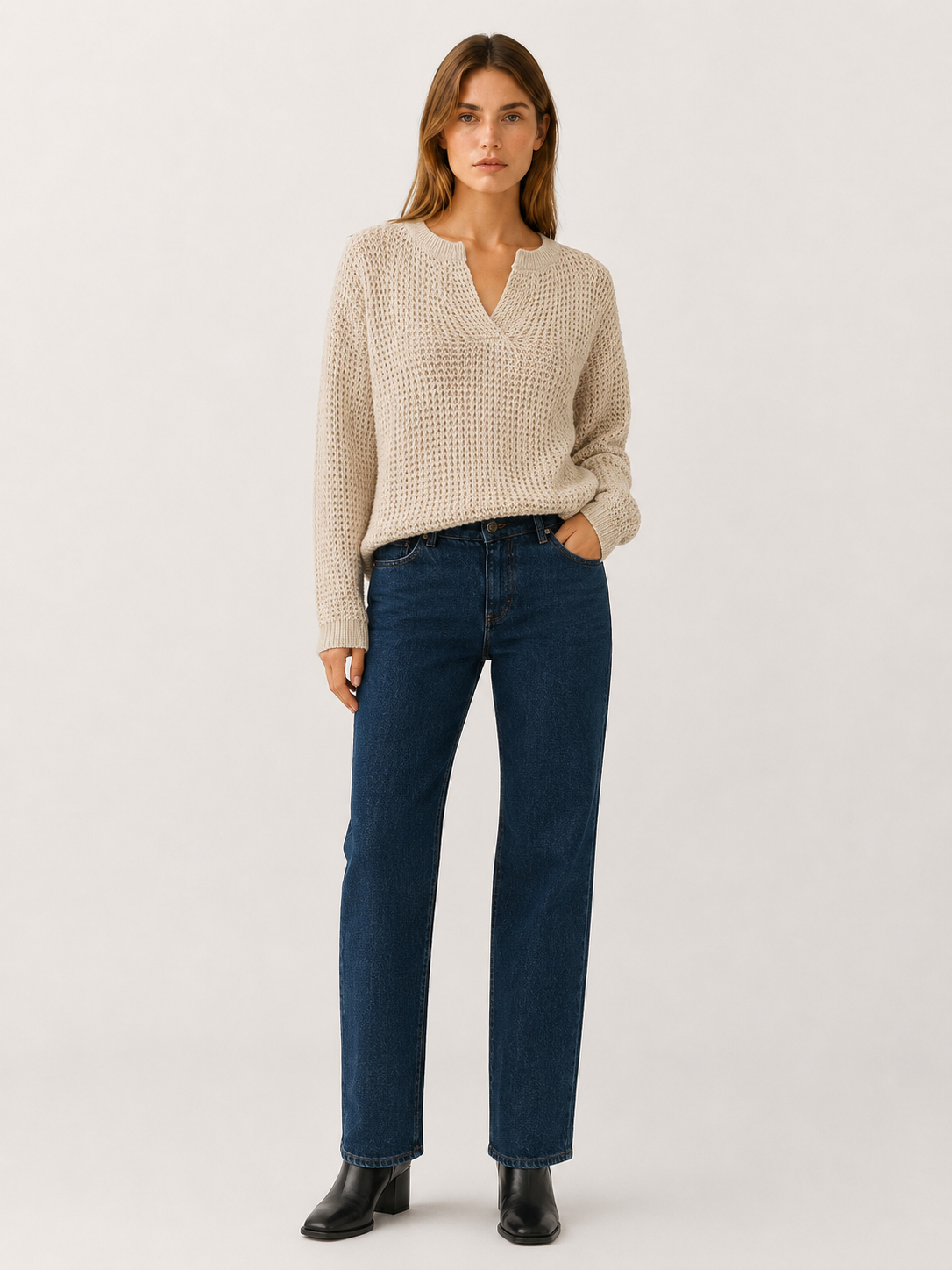 Ysoria | V-Neck Jumper with Notched Neckline and Relaxed Fit