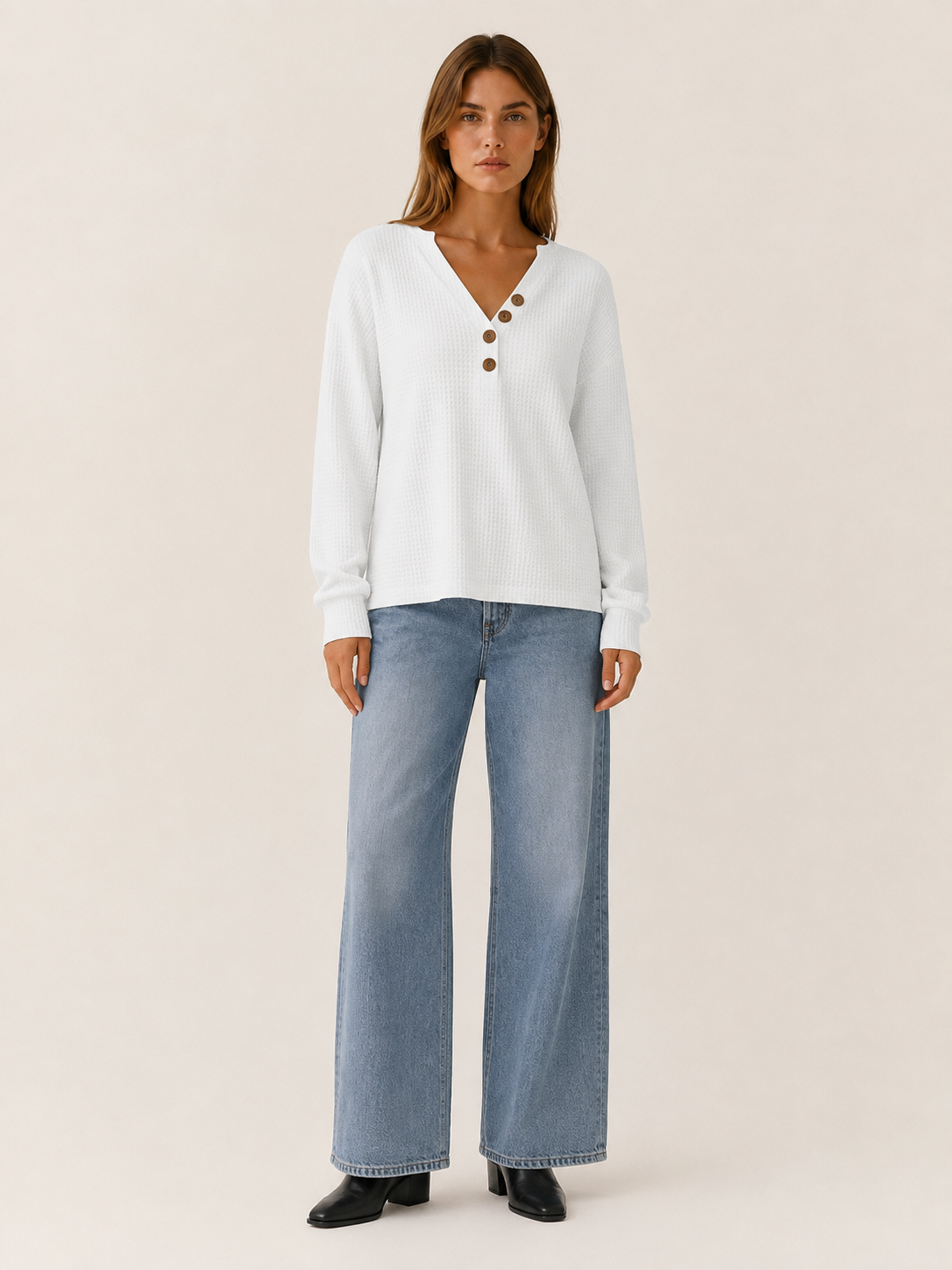 Yvaressa | Women's Textured Button Neck Jumper