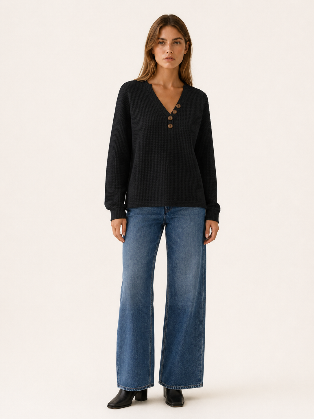 Yvaressa | Women's Textured Button Neck Jumper