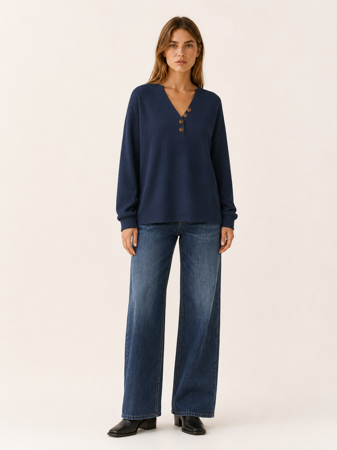 Yvaressa | Women's Textured Button Neck Jumper