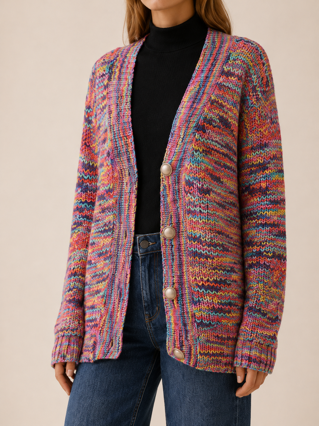 Zadie | Multicolour Cardigan with V-Neck and Button Front