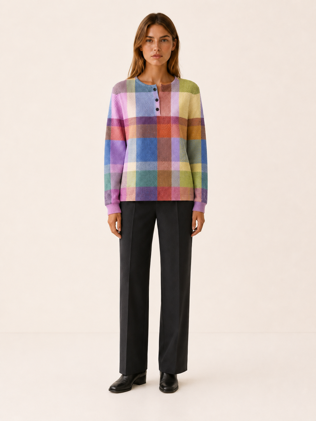 Zarevina | Women's Checked Button Neck Jumper