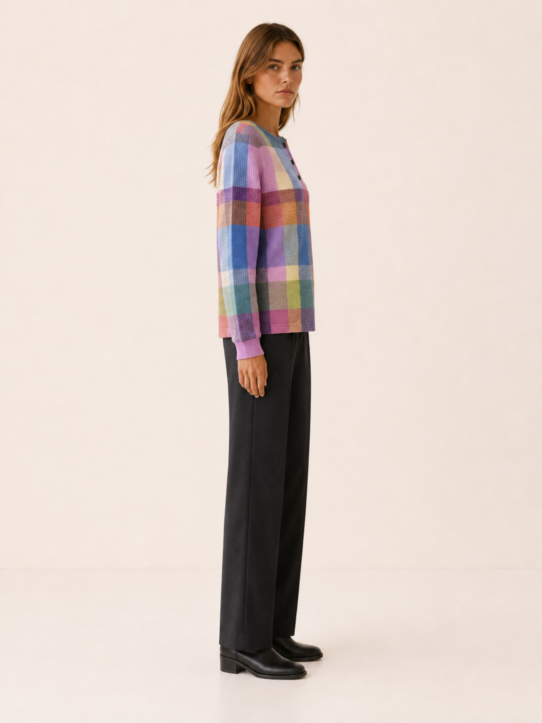 Zarevina | Women's Checked Button Neck Jumper
