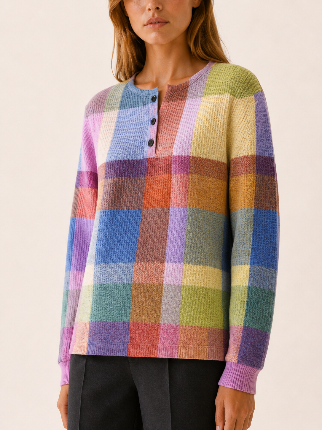 Zarevina | Women's Checked Button Neck Jumper