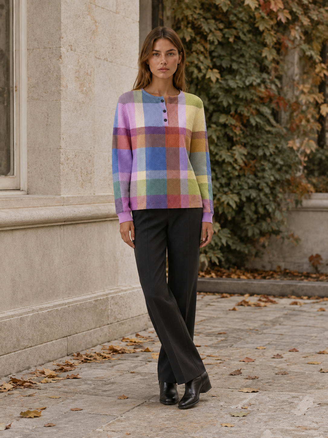 Zarevina | Women's Checked Button Neck Jumper