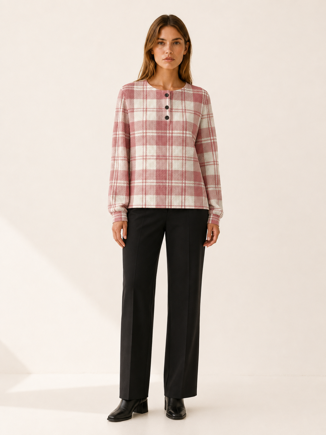 Zelphira | Women's Check Knitted Button Neck Jumper