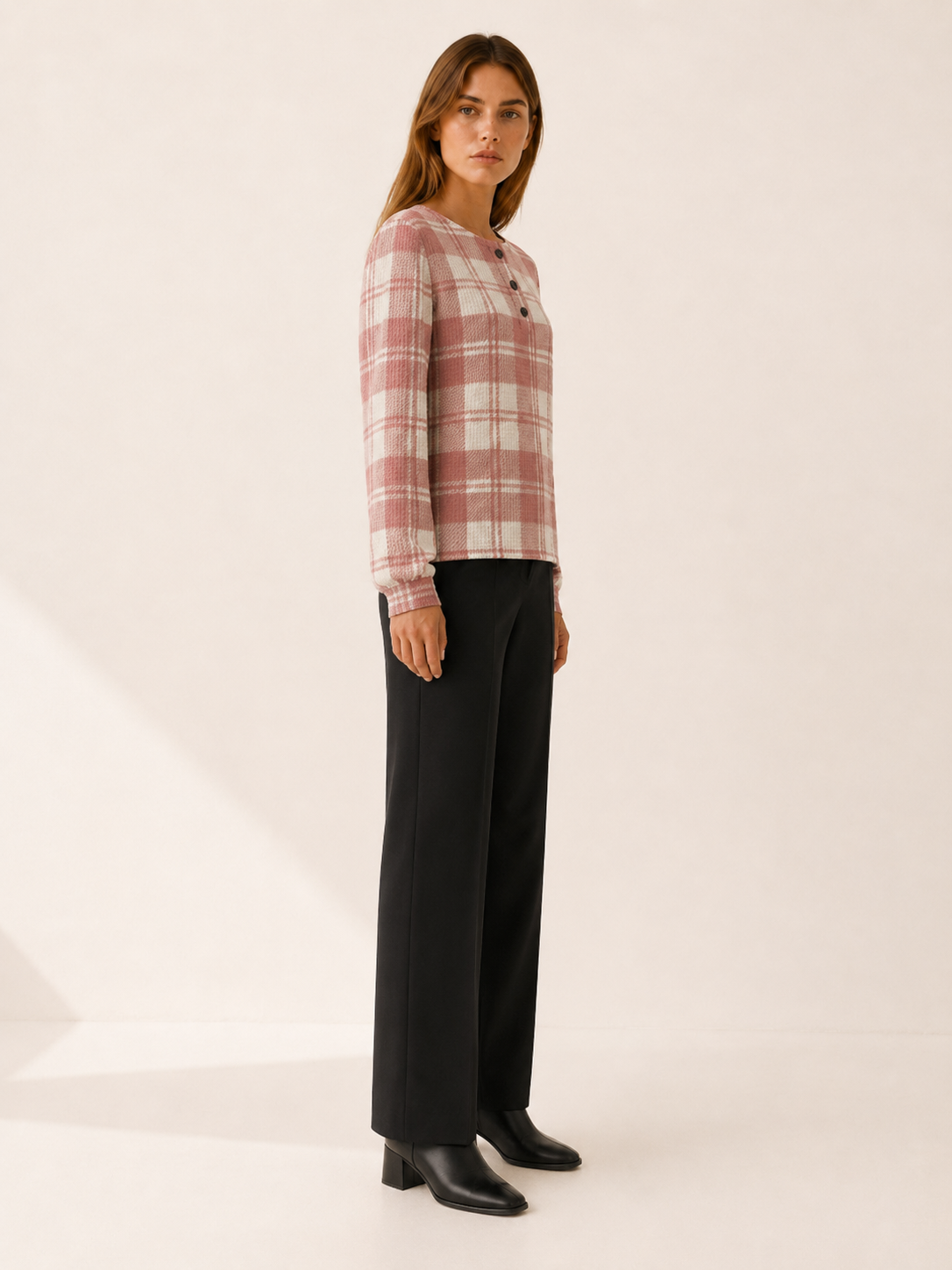 Zelphira | Women's Check Knitted Button Neck Jumper
