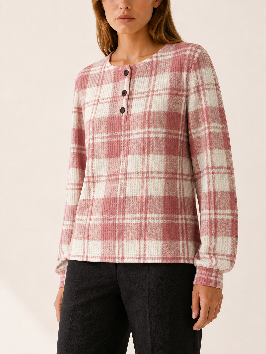 Zelphira | Women's Check Knitted Button Neck Jumper