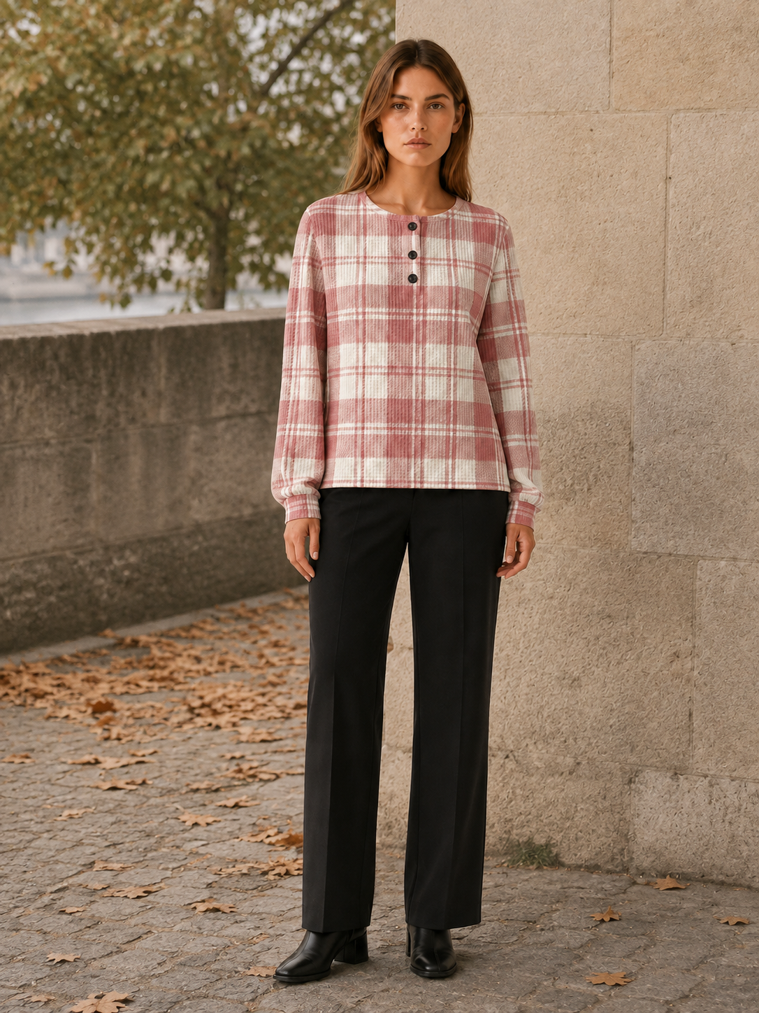 Zelphira | Women's Check Knitted Button Neck Jumper