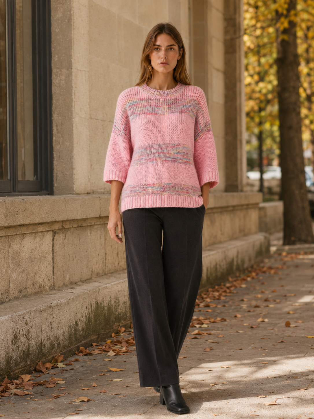 Zemalise | Crew Neck Sweater with Striped Detail and Relaxed Fit